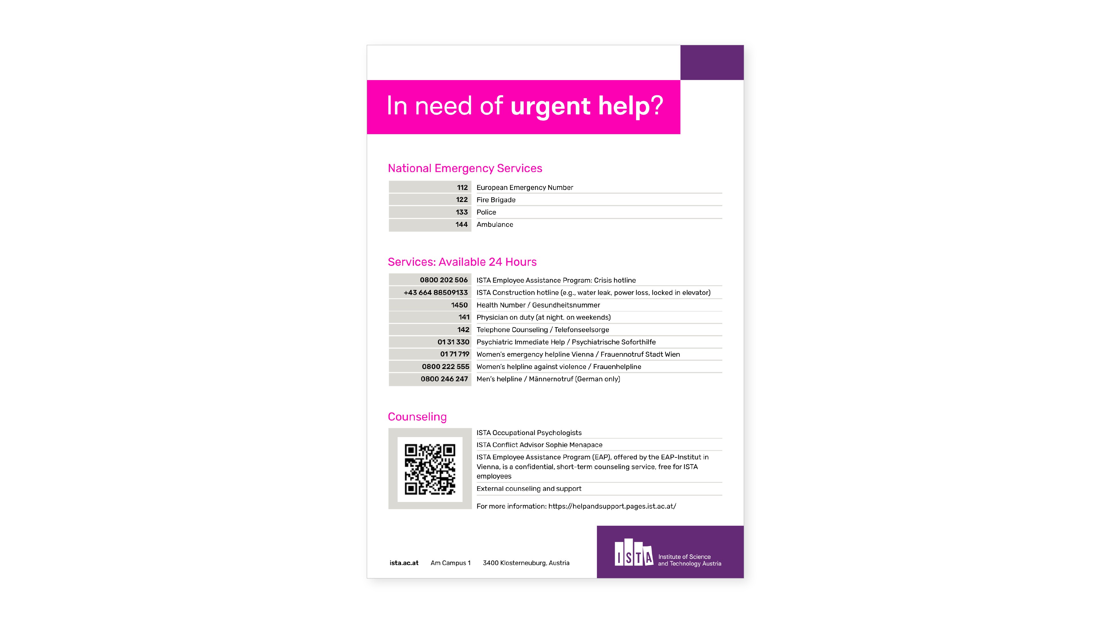 Information-driven poster using bright pink to draw attention.